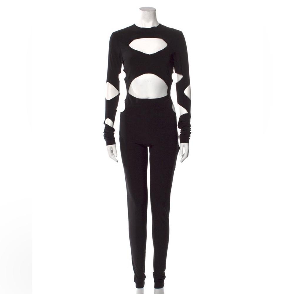 Norma Kamali Black Aztec Cutout Catsuit Jumpsuit